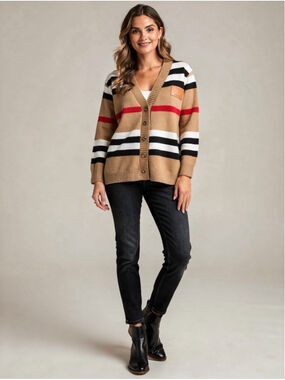 Striped Cardigan Sweater Womens Preppy Academia Tan Black Red Button Front Knit